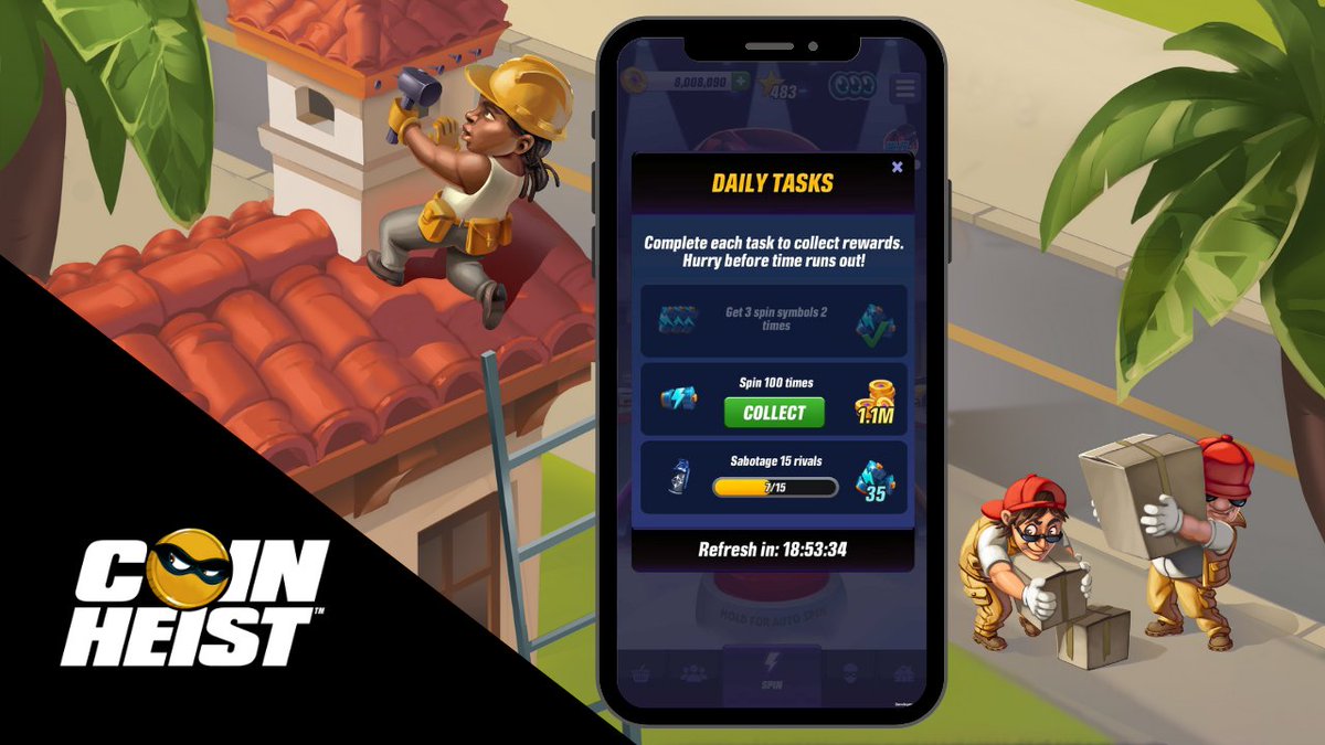 coinheistgame's tweet photo. Check your #CoinHeist Daily Tasks from the menu to see what you can complete for extra spins and coins! We know you work hard, so why not get rewarded for it? https://t.co/i27plFShAL