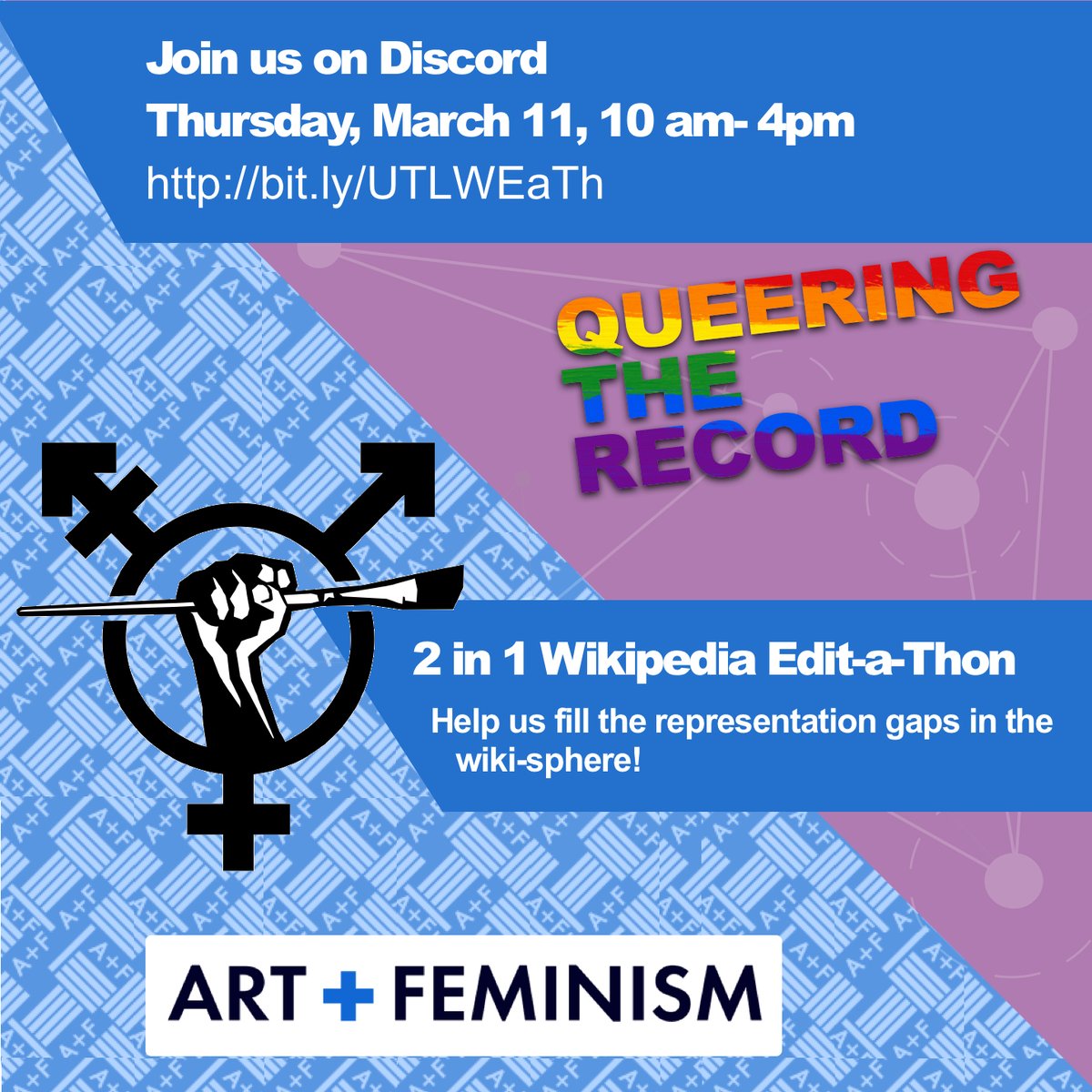 utlibraries's tweet photo. Join the Art + Feminism/Queering the Record Wikipedia edit-a-thons on Discord this Thu (3/11), 10a-4p. No previous experience is necessary, librarians will be there to guide you. More info: https://t.co/9EUUDDTmsK #UTLWEeaTh21 #queerwikipedia #wikieditathon #ArtAndFeminism https://t.co/xycjnwNnKu