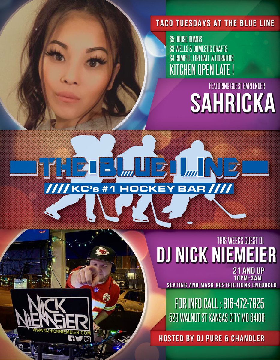 Kansas City! Come hang out with us tonight at <a href="/thebluelinekc/">The Blue Line</a> in #RiverMarket for #TacoTuesday! I'm spinning music video mixes from 10pm-3am with Sydney &amp; guest bartender Sahricka from Aura behind the bar! #PuckYeah see you there #KC! 🏒🥅🚨