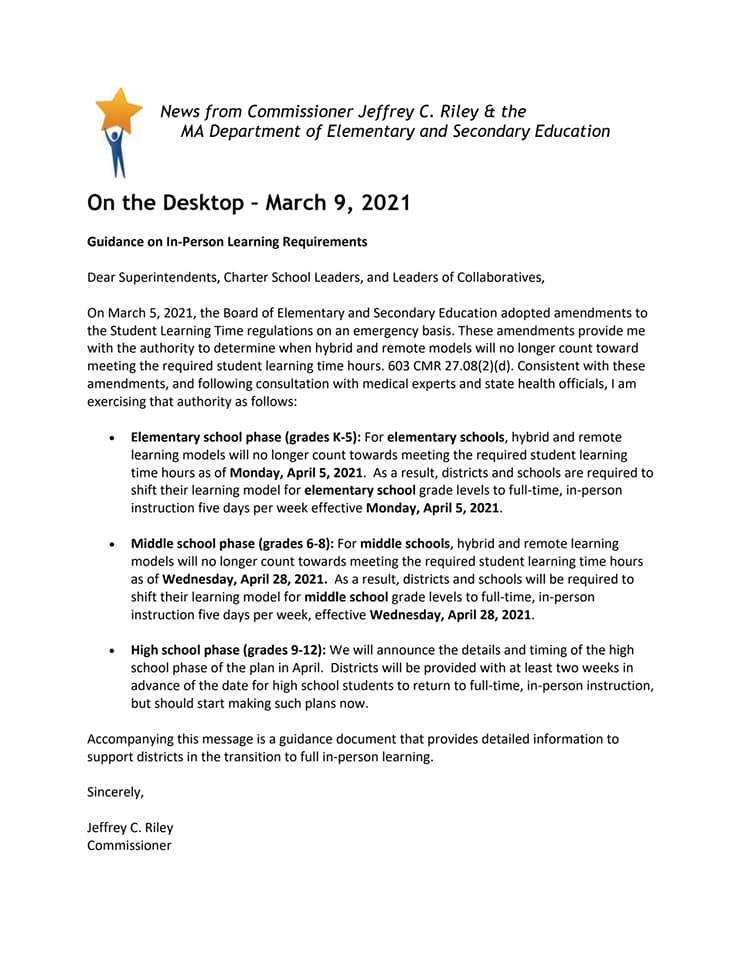 BringKidsBackMA's tweet photo. FINALLY leadership is putting the children FIRST: we are SO PLEASED that today @MassEducation @MASchoolsK12 @JeffreyCRiley @MassGovernor have issued their strong mandates to #openschools for the children of Massachusetts!! @schools_us https://t.co/vbrUoqoNJj