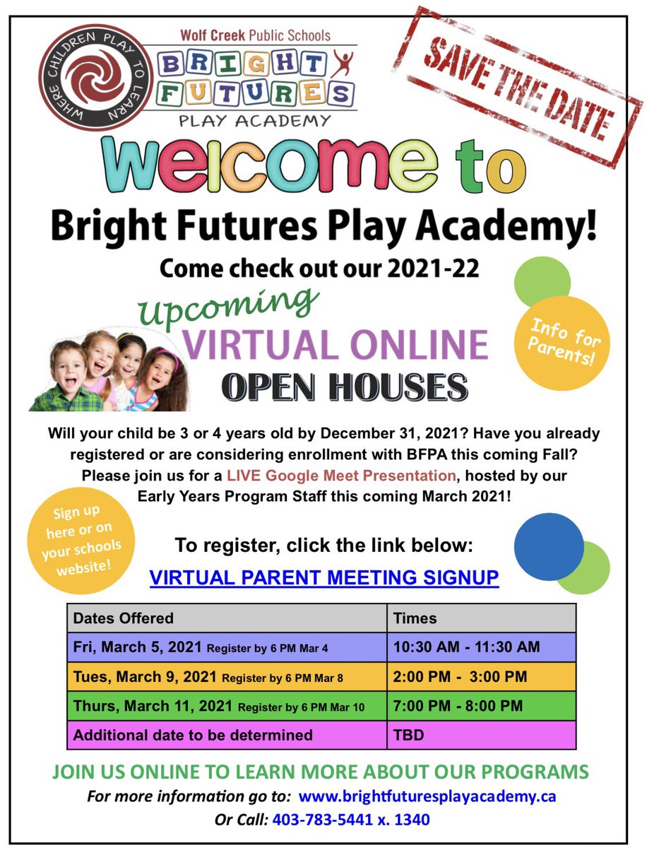 Have you registered or are you thinking of registering your child with BFPA for fall 2021? There's still time to sign up for the virtual open house events with us. Details and sign-up at brightfuturesplayacademy.ca for these March events online! <a href="/CityofLacombe/">City of Lacombe 🇨🇦</a> <a href="/TerraceRidgeSch/">Terrace Ridge School</a>