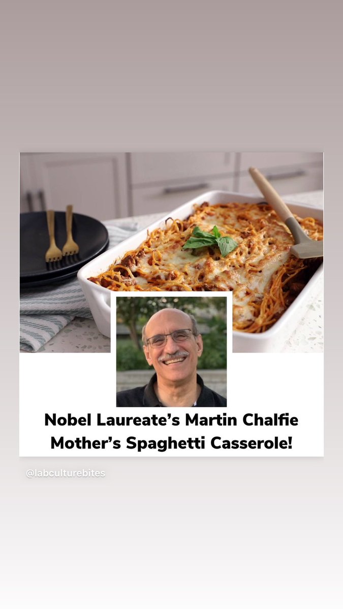 Lab Culture (@labculturebites) on Twitter photo What do @nobelprize_org winners like to eat?? Well spaghetti casserole of course! Check out Martin Chalfie’s mother’s recipe on our site! @labculturebites What do @nobelprize_org winners like to eat?? Well spaghetti casserole of course! Check out Martin Chalfie’s mother’s recipe on our site! @labculturebites