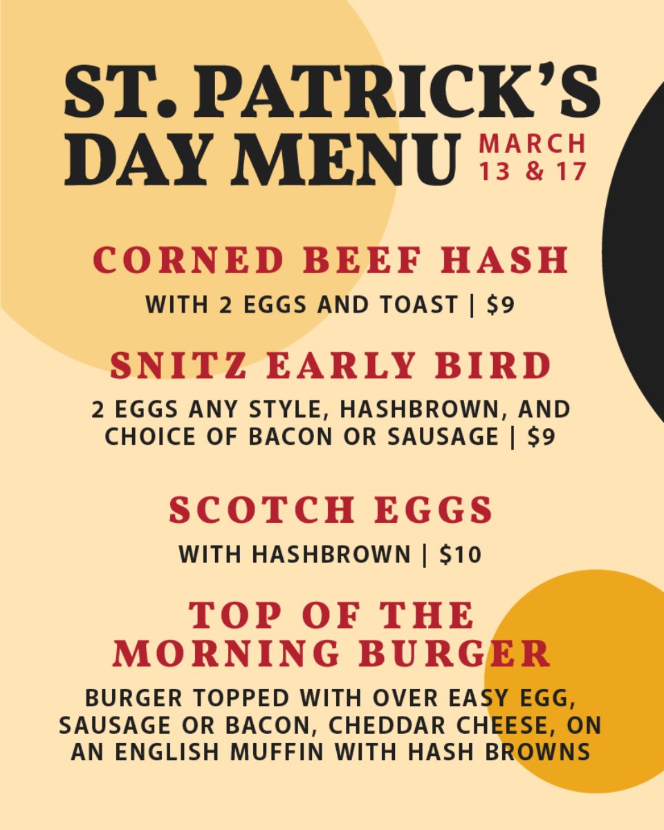 Our specials are better than finding gold at the end of the rainbow. Stop by for Kegs and Eggs on March 13 and 17! #SnitzCreekMoment
