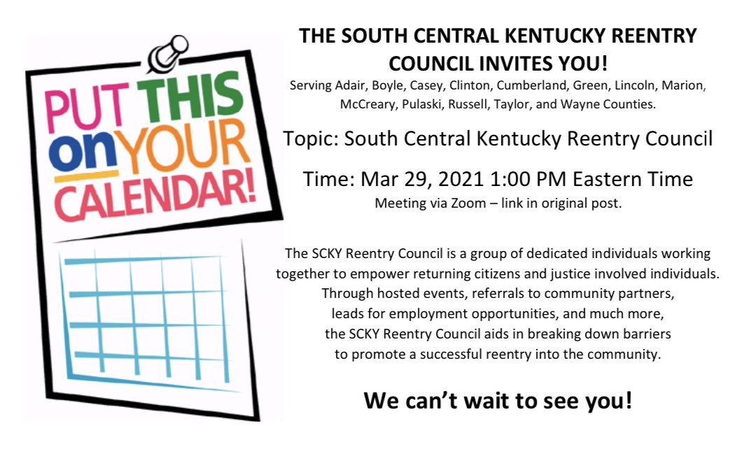 The SCKY Reentry Council welcomes YOU to our March monthly meeting. We can’t wait to see you! #KentuckyReentry 

Time: Mar 29, 2021 01:00 PM ET
 
Join Zoom Meeting
zoom.us/j/92988952556?…
 
Meeting ID: 929 8895 2556
Passcode: SCKY2021