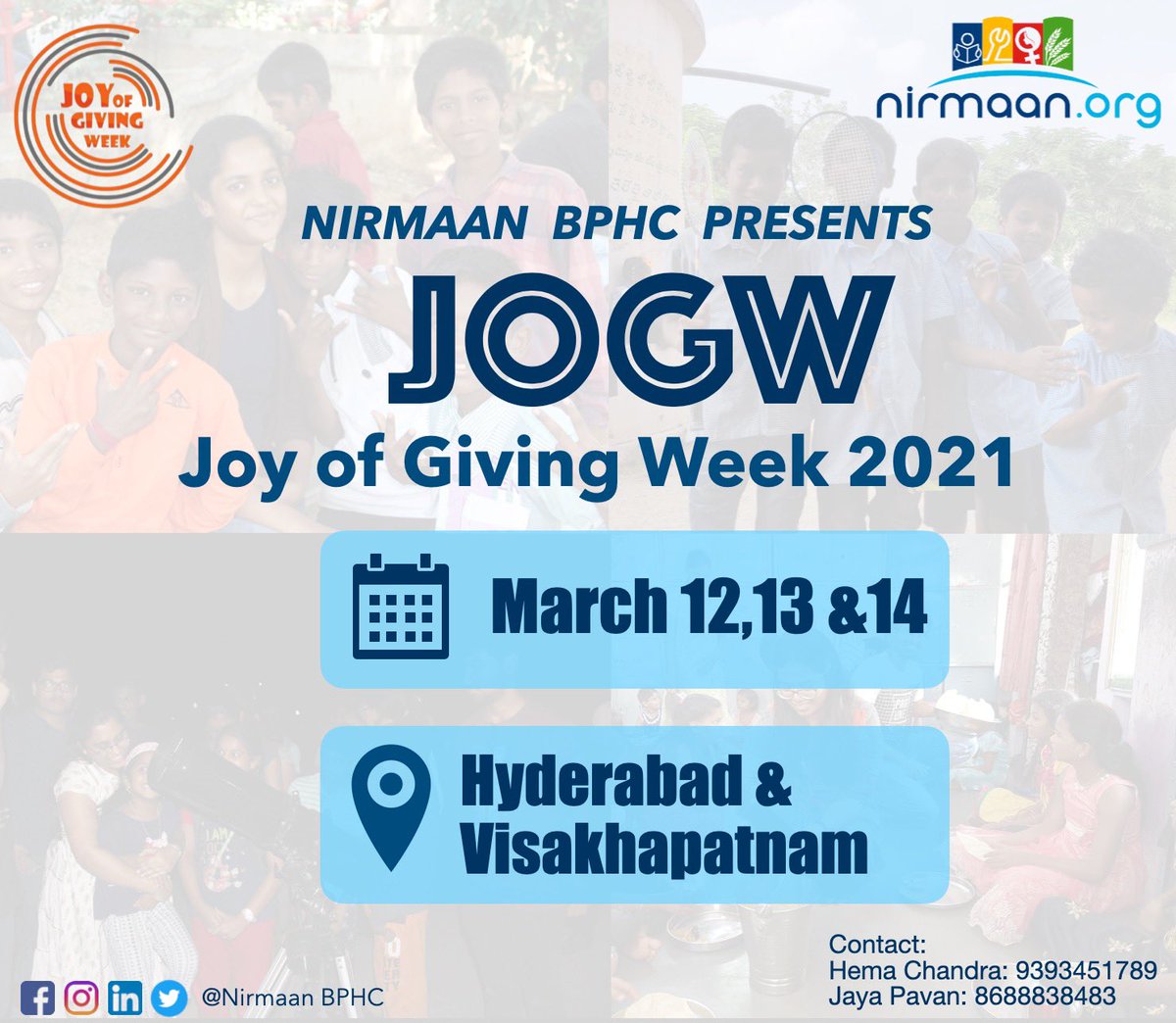 NirmaanBPHC's tweet photo. 'Joy of Giving Week' is back to spread more joy than ever before during these difficulties times. This March 12-14.
The art of giving can only be understood when one has experienced unforgettable moments of happiness.
#Nirmaan https://t.co/TElbvuz4MZ