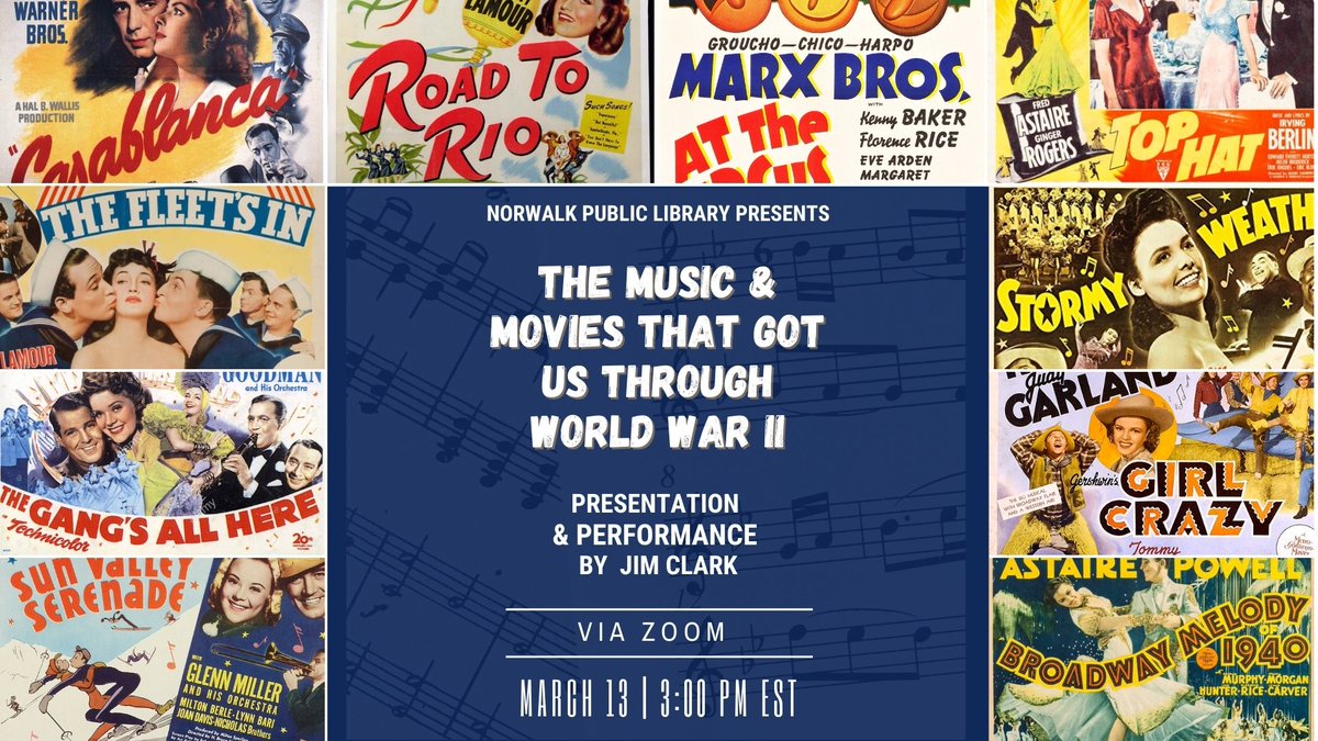 NorwalkLibCT's tweet image. Wishing you could make weekend plans again? NPL will host a performance by Jim Clark of &quot;The Music &amp;amp; Movies That Got Us Through WW II&quot; this Saturday.  Register today: email clahey@norwalkpl.org and get excited for the weekend! #libraryprograms #musicprograms #liveconcert