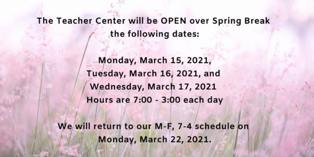 RCSTNTC's tweet photo. The Teacher Center will be open over Spring Break! #weareRCSTN @RobCoSchools https://t.co/x1NZuox8Du