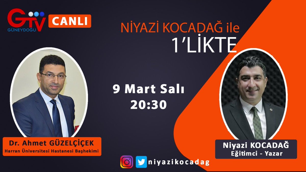 HARRAN_TIP's tweet photo. Hastanemiz Başhekimi Dr. Ahmet Güzelçiçek bu akşam saat 20:30'da Güneydoğu TV'de Eğitimci Niyazi Kocadağ'ın sunmuş olduğu 1'likteyiz adlı programının canlı yayın konuğu olacaktır. 
İyi seyirler dileriz...
@aguzelcicek 
@niyazikocadag 
@Guneydogu_TV https://t.co/CqAhDTMEUx