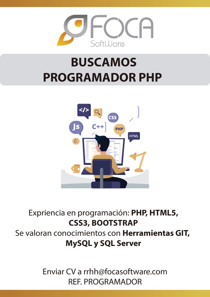 FocaSoftware's tweet photo. BUSCAMOS PROGRAMADOR PHP 
Enviar CV a rrhh@focasoftware.com
Referencia PROGRAMADOR https://t.co/bxqc8frDQX
