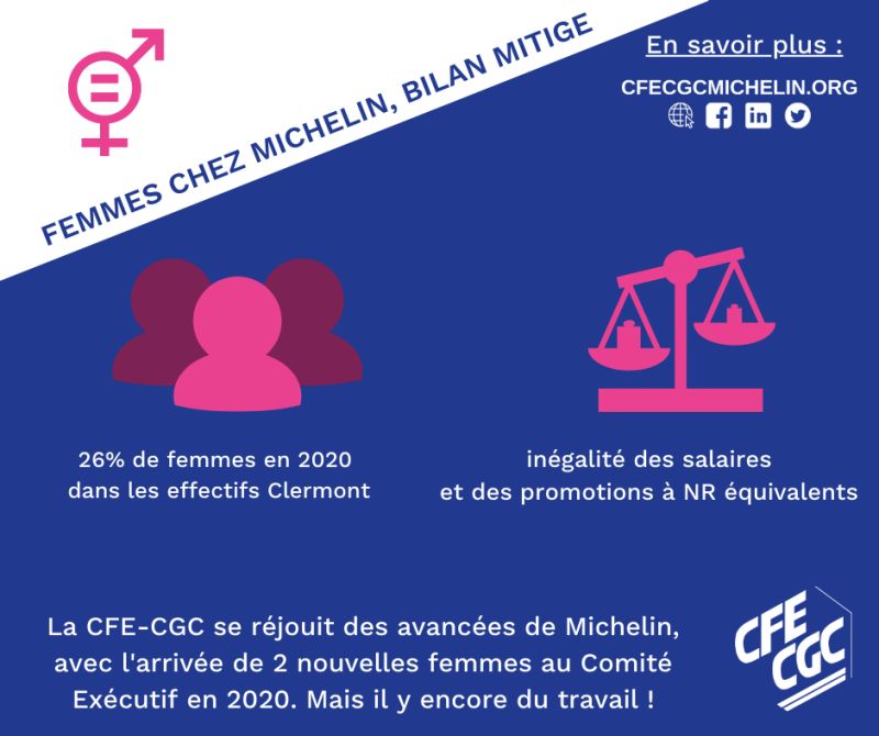 Les femmes chez Michelin : bilan mitigé
Le profond changement de culture et les réels bénéfices de la mixité se constateront lorsque la féminisation des métiers dépassera 30% et que l’égalité de traitement et de promotion sera confirmée !
#cfecgc #cfecgcmichelin #journeefemmes