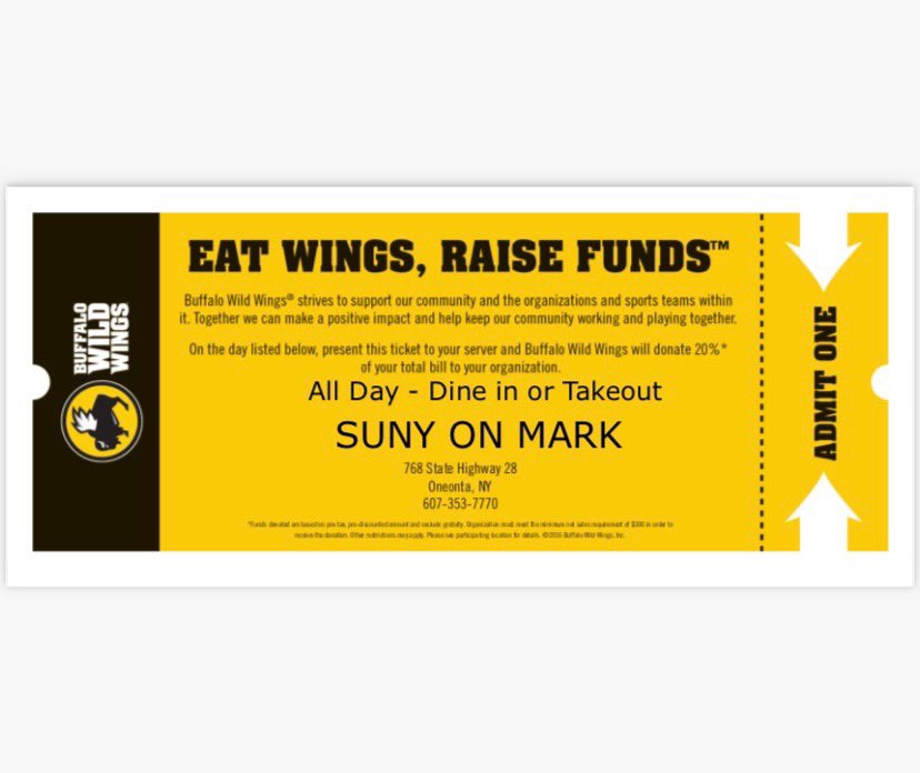 ‼️Our Buffalo Wild Wings fundraiser will be held TOMORROW March 10th, don’t forget to present this flyer to your server and BWW will donate 20% of your bill to our organization. Hope to see you all there‼️ #fundraiser #buffalowdwings #oneonta #bww #marketingclub #suco #sunyonmark