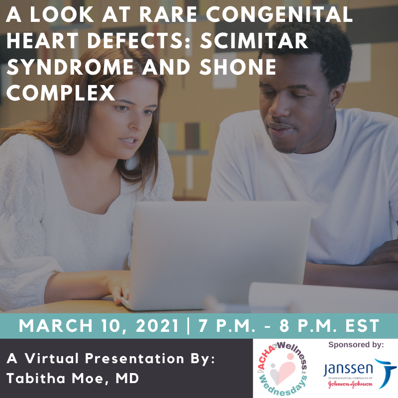 ACHA_Heart's tweet photo. Join tomorrow's #ACHA #WellnessWednesday event for a presentation on some rare congenital heart defects—#scimitarsyndrome & #Shonecomplex. Register at https://t.co/ZNFY1GQBC6. We will also post a recording.
#ACHACares #CHDAwareness #CHDCare4Life #CHD #ACHD https://t.co/hrbaVfDKd1