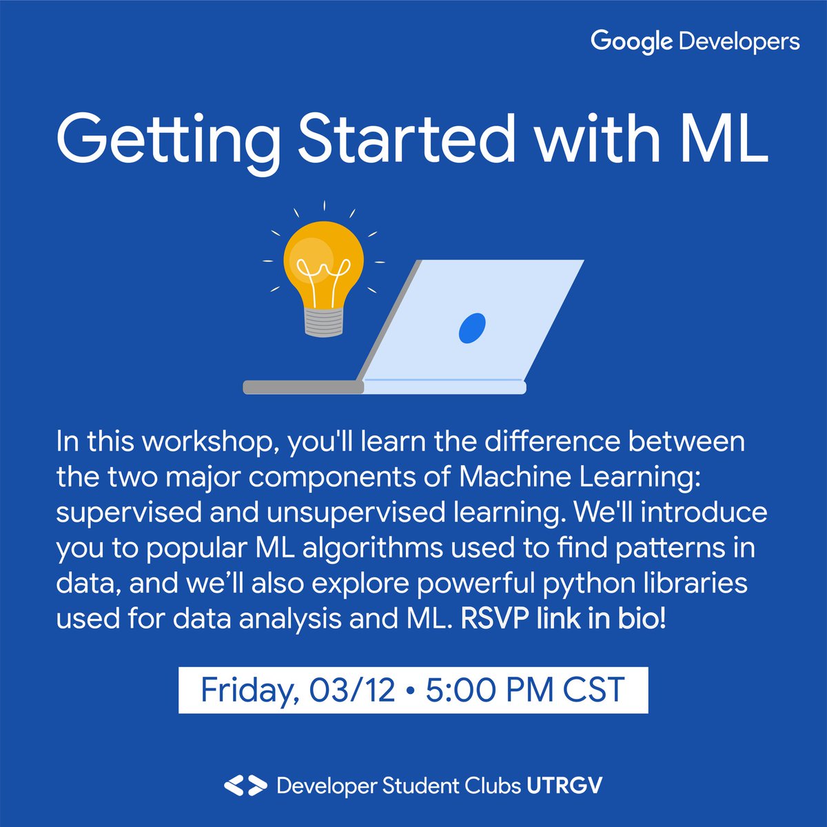 fronteradevsrgv's tweet photo. Howdy folks 🤠 Join us for our Getting Started with Machine Learning workshop this Friday at 5pm CT! RSVP at https://t.co/W6lSyZHFbv 🥳

#DeveloperStudentClubs #DSCUTRGV #UTRGV https://t.co/hVV6LmX19O