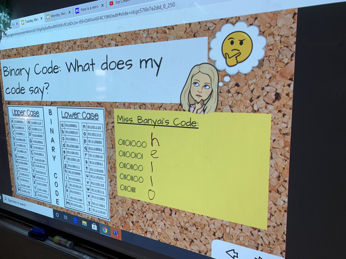 Ms_Banyai's tweet photo. Switching gears today in math and trying out some binary coding! We learned that computers talk through binary codes and we got to try coding our names and then coding a message to a friend! #coding #binarycoding @OLVMWolverines @HCDSB https://t.co/BeDGdroPat