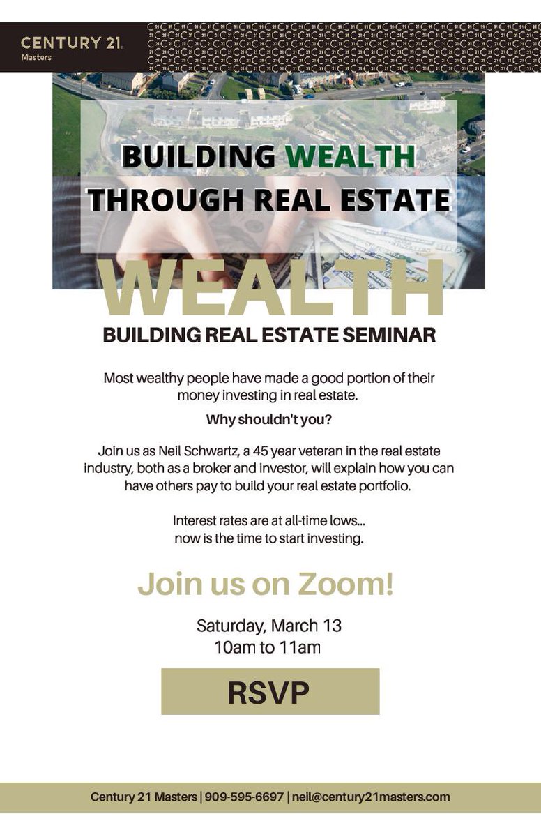 rrhertel's tweet photo. Neil Schwartz is hosting a class for your clients on how they can build wealth through real estate. Link to RSVP: https://t.co/SX68rpJxSm #realestate #realtor #realestateagent  #realestateinvestor #homebuyers #homebuying #investing #century21  #money #moneymoves #wealth https://t.co/jKONJvkOON