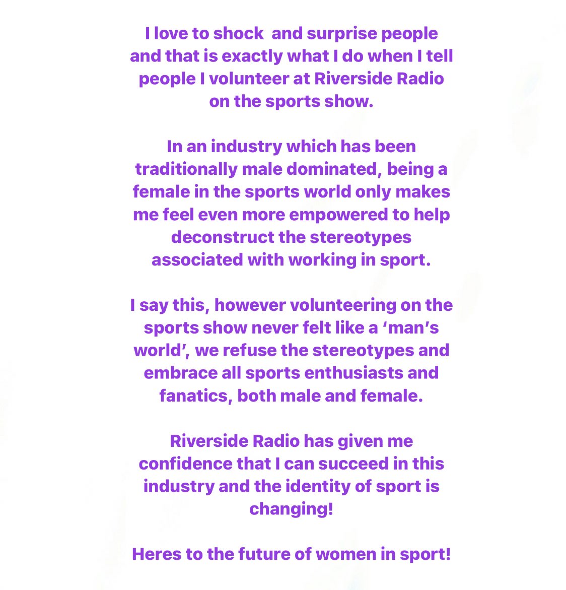 RivRadSport's tweet photo. Following on from #internationalwomensday2021 yesterday, this is what @pstreetsport had to say about being part of the Riverside Radio Sports Team! https://t.co/pX4g1u5Nkn