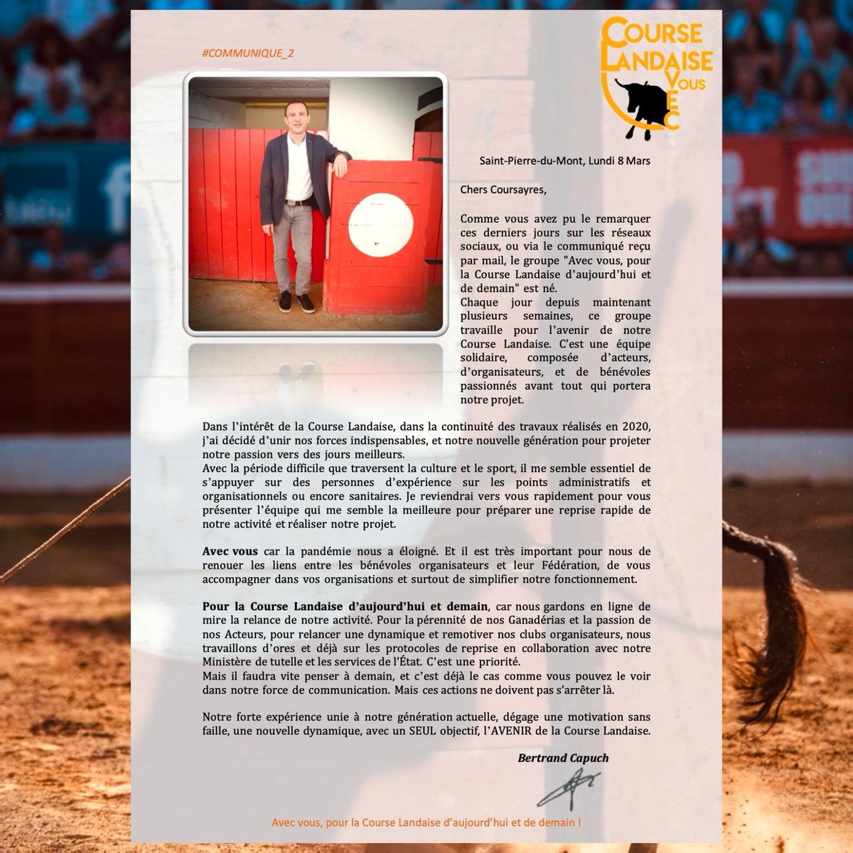 Les Mots de <a href="/BERTRANDCAPUCH/">BERTRAND CAPUCH</a> dans le communiqué N*2 de <a href="/AvecCourse/">Course Landaise Avec Vous</a> !

Au travail pour l’intérêt de L’Avenir de la Course Landaise. #COURSELANDAISEAVECVOUS

<a href="/sudouest/">Sud Ouest</a> <a href="/Mundotorocom/">mundotoro.com</a> @espritdusud1 @Bleu_Gascogne 

📸 <a href="/Pickwicq/">Pickwicq (JCD)</a>