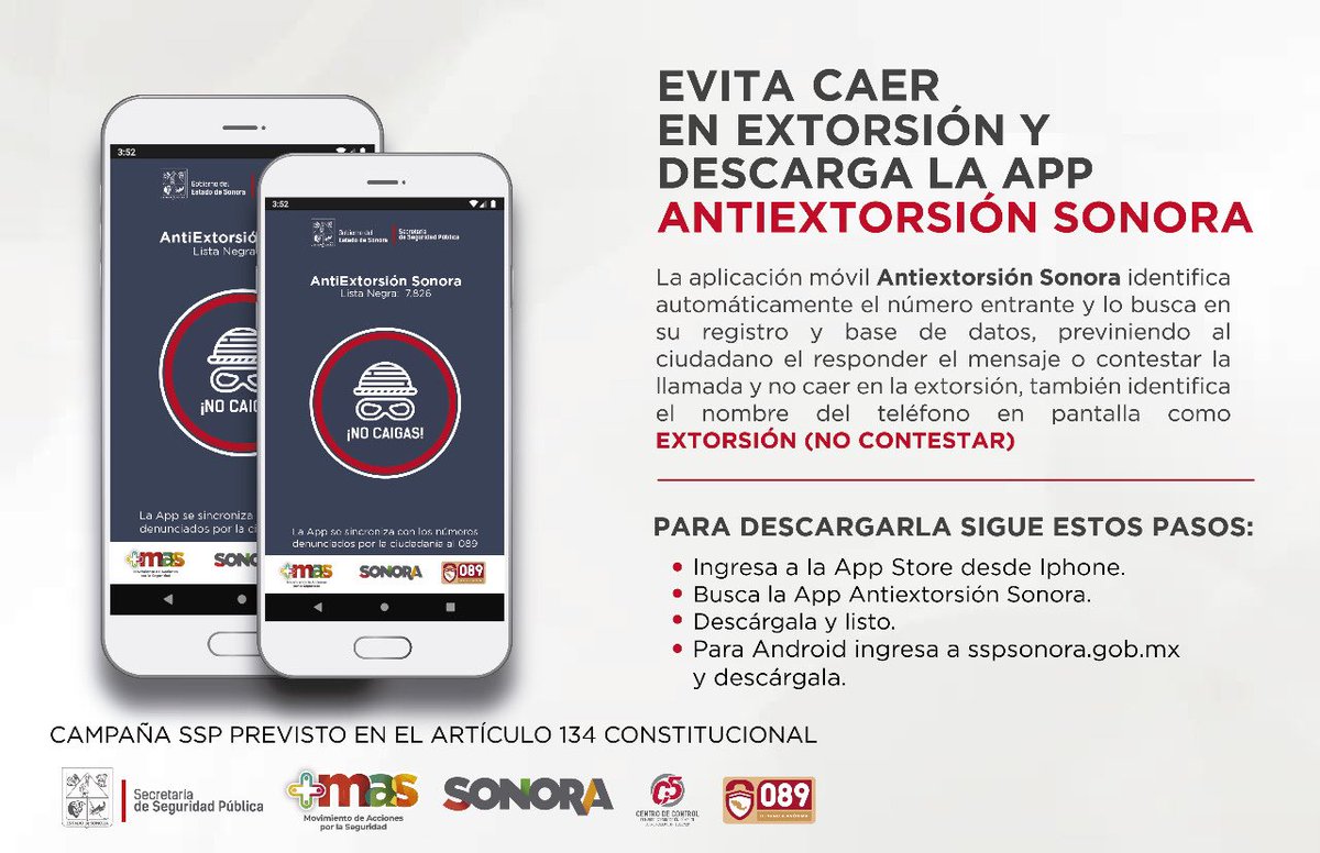 PrevencionSon's tweet photo. ¡No caigas! 

La aplicación Antiextorsión Sonora es una herramienta que te ayudará a evitar ser víctima de este delito 📲☎️

#MASPrevención https://t.co/v98kI67Kv8
