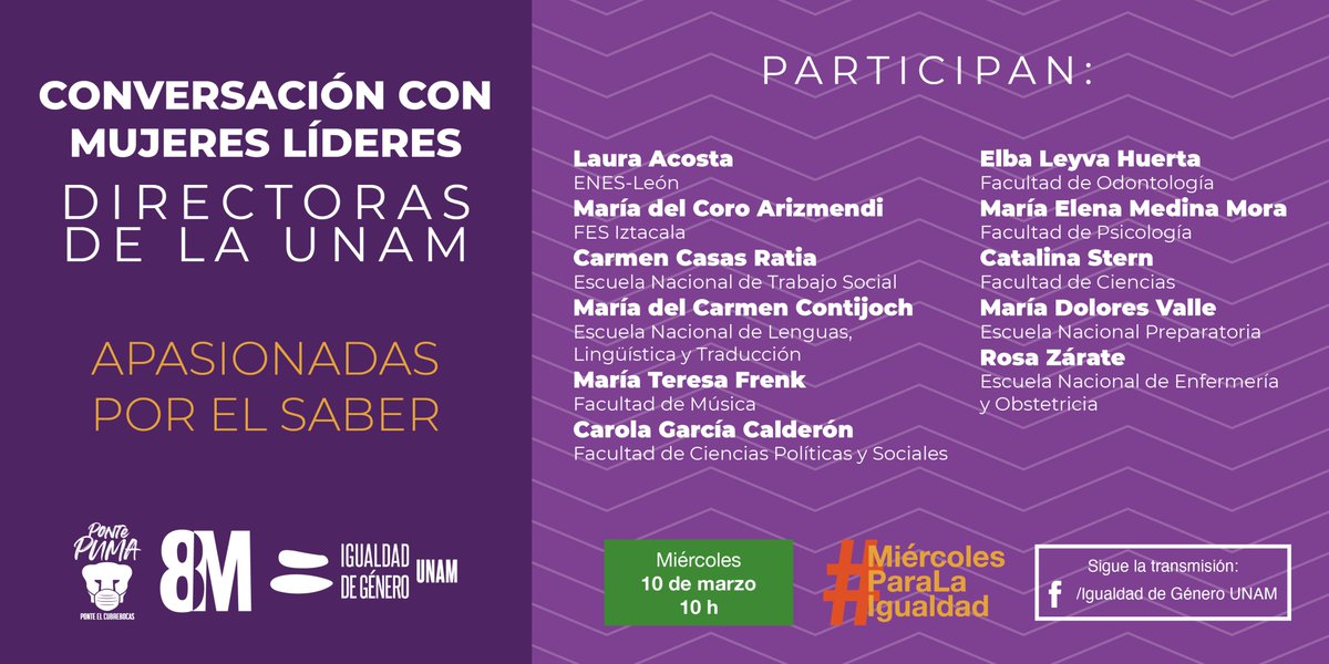 IgualdadUnam's tweet photo. ✨ Mañana en #MiércolesParaLaIgualdad en el marco del #8m:

⚡10h. Conversación con mujeres líderes Directoras de la UNAM. Apasionadas por el saber.

👉Sigue la transmisión: https://t.co/KwcfX1M9xf 

#NosotrasPorLaIgualdad #IgualdadDeGéneroUNAM #UNAMVioleta https://t.co/7M4Mix39y9