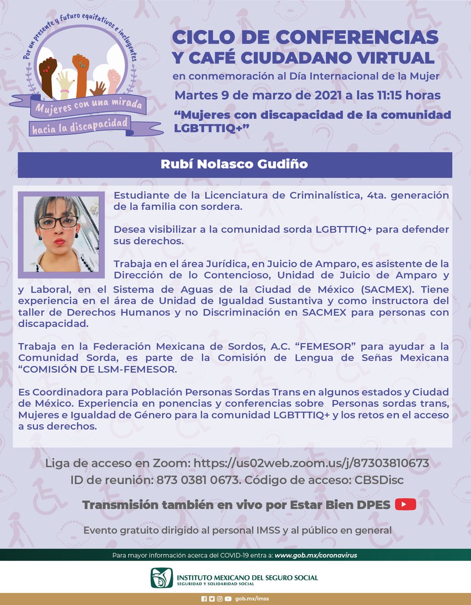 CBS_estar_bien's tweet photo. #IMSSDiscapacidad
Únete a la conmemoración del Día Internacional de la Mujer 
Conferencia “Mujeres con discapacidad de la comunidad LGBTTTIQ+” 🏳️‍🌈

Por ZOOM 
ID: 873 0381 0673
Código de acceso: CBSDisc

Y en YouTube https://t.co/QrVq6sxWng https://t.co/OSgzpA5cgB