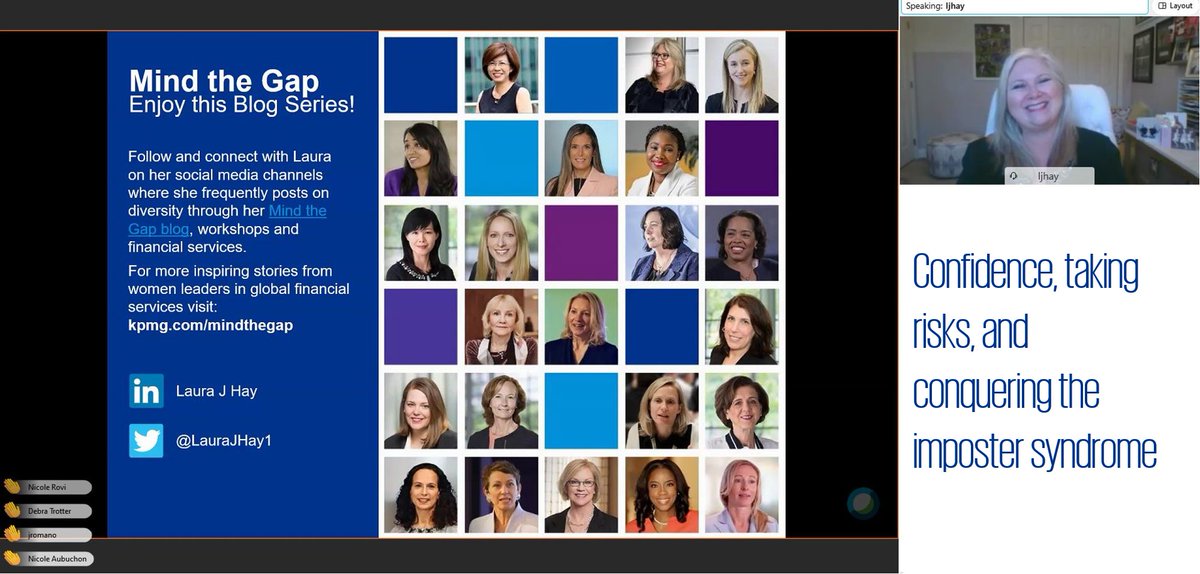 Laura Hay (@laurajhay1) on Twitter photo I was honored to present on #IWD2021 to over 250 KPMG professionals and clients on confidence, taking risks, and conquering imposter syndrome #futureisinclusive #ChooseToChallenge I was honored to present on #IWD2021 to over 250 KPMG professionals and clients on confidence, taking risks, and conquering imposter syndrome #futureisinclusive #ChooseToChallenge