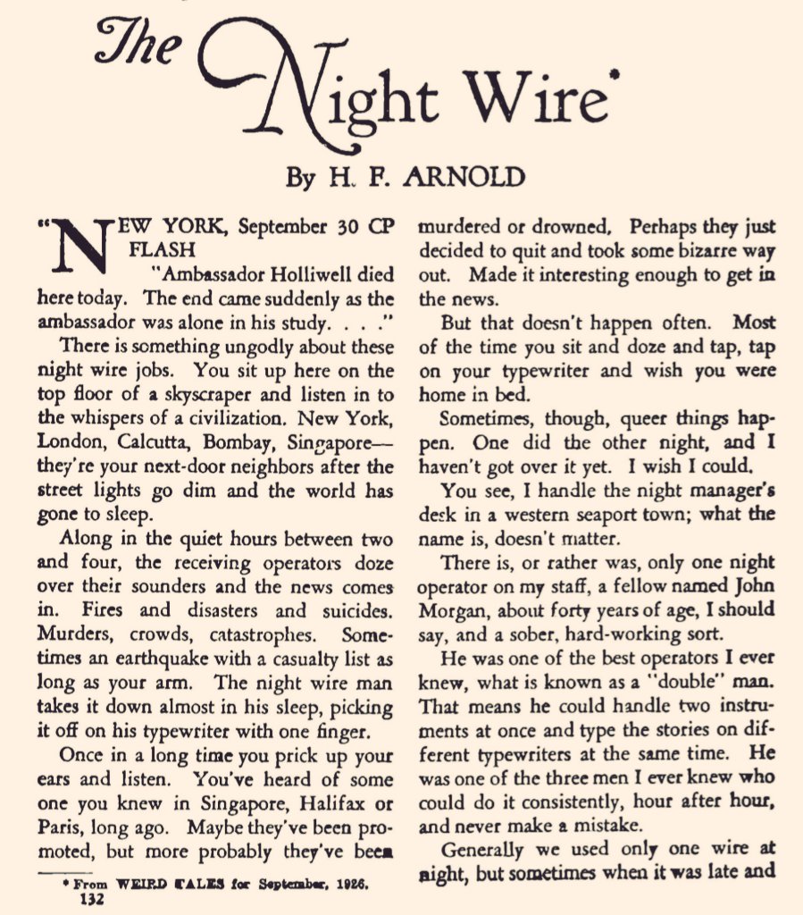 63. "The Night Wire" by H. F Arnold from THE WEIRD.