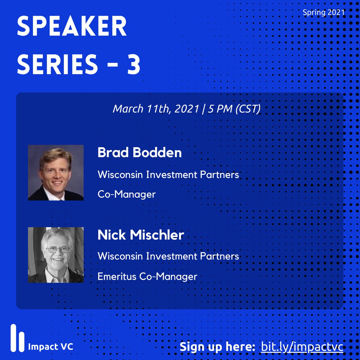 Thurs @ 5pm CST ImpactVC will be joined by Wisconsin Investment Partners Co-Manager Brad Bodden, and Emeritus Co-Manager Nick Mischler
RSVP Link in bio! #impactvc #venturecapital #investment #startups #privateequity #uwmadison #businessbadgers #diversity