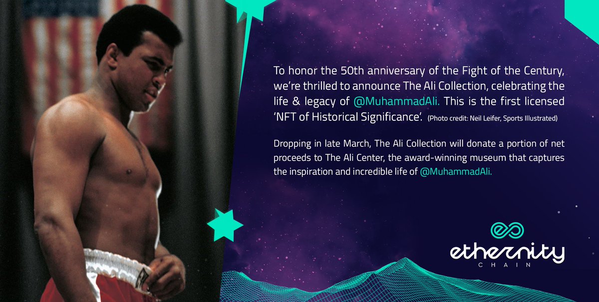 EpicOnChain's tweet photo. To honor the 50th anniversary of the 'Fight of the Century', we’re thrilled to announce The Ali Collection, celebrating the life &amp; legacy of @MuhammadAli .This is the first-ever licensed 'NFT of Historical Significance'.  (Photo credit: Neil Leifer, Sports Illustrated) #NFTs https://t.co/m81MMIk6X1