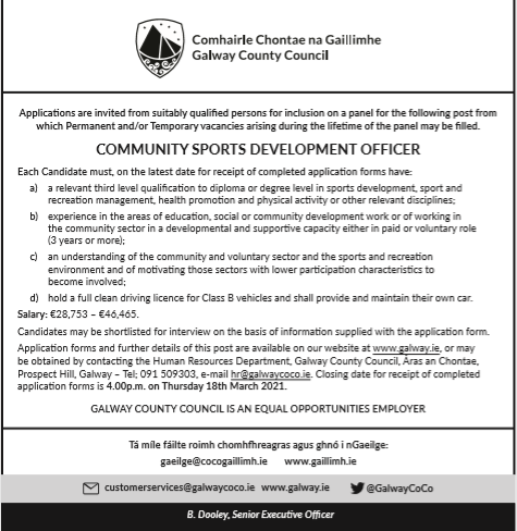 GalwayCoCo's tweet photo. RECRUITMENT: COMMUNITY SPORTS DEVELOPMENT OFFICER
#Jobfairy for more information or to apply click https://t.co/HqUfWOswC0
Closing Date for receipt of completed application forms 18th March 2021 @ 4pm https://t.co/btwtwfAsiV