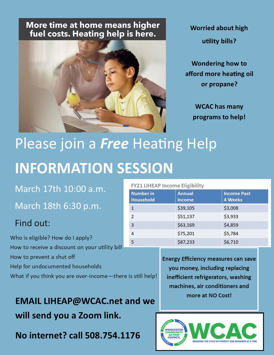 WCACinfo's tweet image. We know families are struggling with high home heating bills. Spread the word or join us yourself to learn how you can help us help families in need. Email LIHEAP@wcac.net for Zoom link to join. #HomeHeatingHelpMA