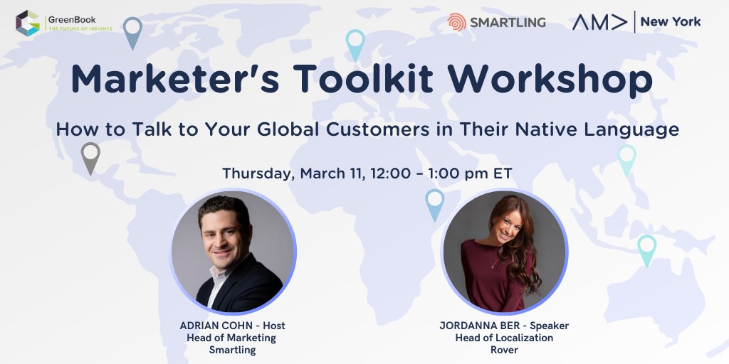 NewYorkAMA's tweet image. Join us for our second #MarketersToolkit workshop of 2021 on March 11 from 12pm - 1 pm EST where you will learn how to talk to your international customers, the ROI of content localization, and more. Come learn with us! bit.ly/37VNIlW
#AMANewYork #Localization