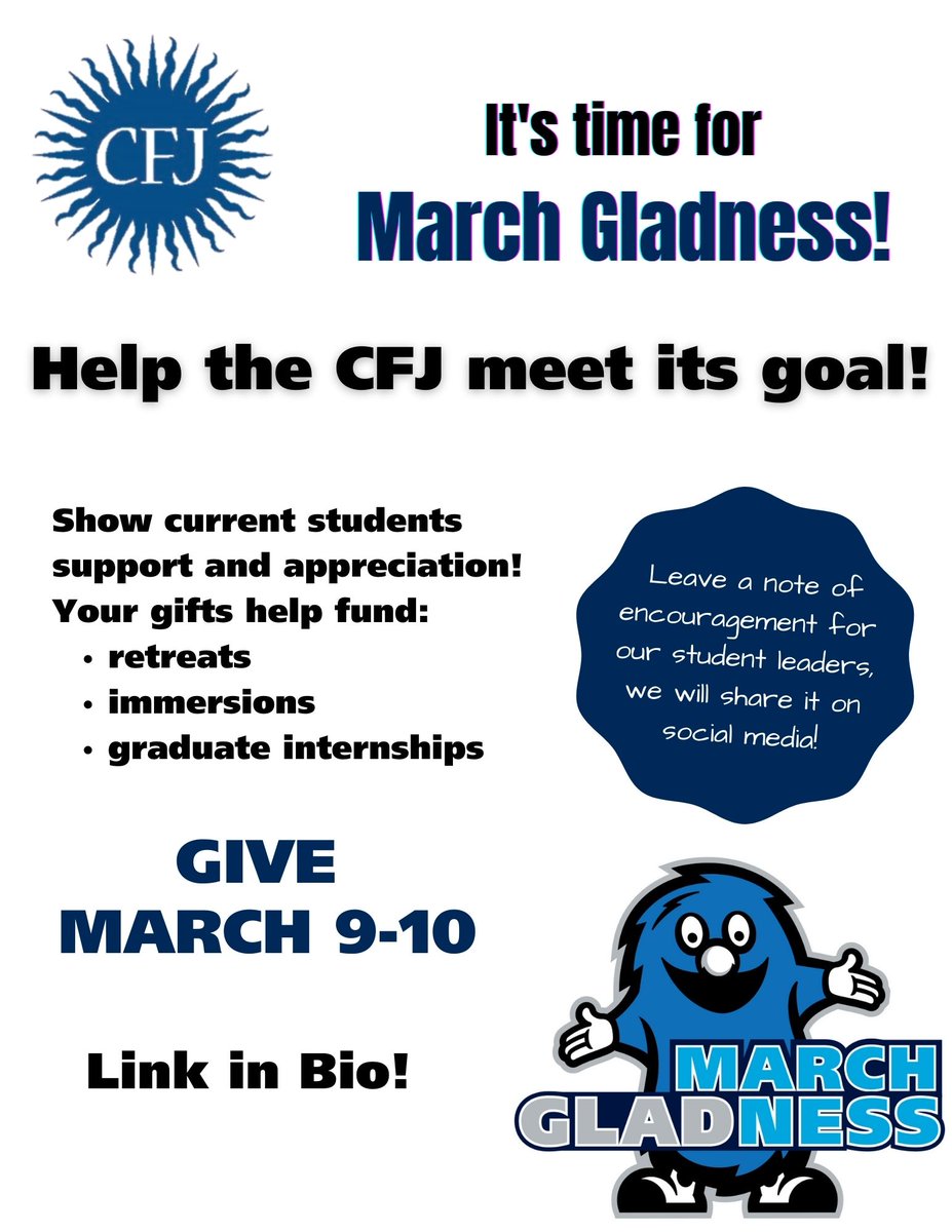 Every tradition can invite us to reflection and March Gladness is no different. This year, we're particularly grateful for our students. Alums: Want to share a message of encouragement w/our students? Comment below, include name and class year. Give here: tinyurl.com/wjhewfxr