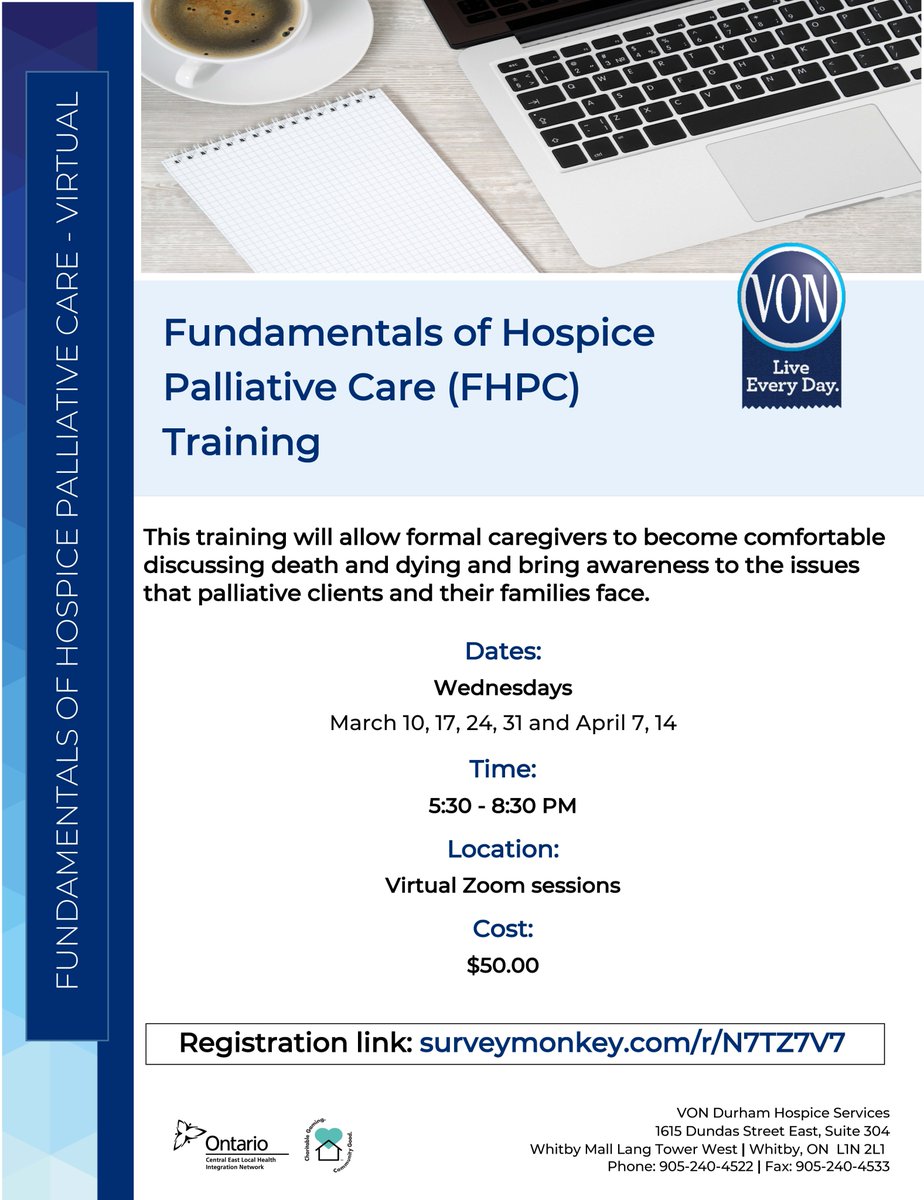 Our next Fundamentals of Hospice Palliative Care training course is being offered virtually (by Zoom) &amp; begins Mar. 10 continuing for 6 weeks. Please see flyer for details. 

Space is limited. Register today by visiting: surveymonkey.com/r/N7TZ7V7

#hospicepalliativecare #education