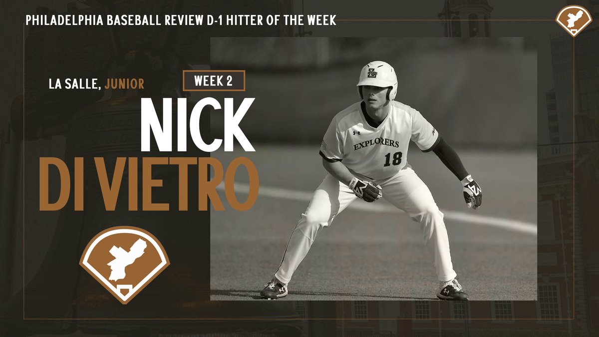 Nick Di Vietro (<a href="/NickDiVietro_/">Nick DiVietro</a>) of @LaSalleBase is the Philadelphia Baseball Review D-I Hitter of the Week - <a href="/CHW_Baseball/">Coach Mac</a> <a href="/d1baseball/">D1Baseball</a> <a href="/atlantic10/">Atlantic 10 Conference</a> - he finished the week 7-for-16 (.437) with six runs, 2 RBI, and 5 BB.