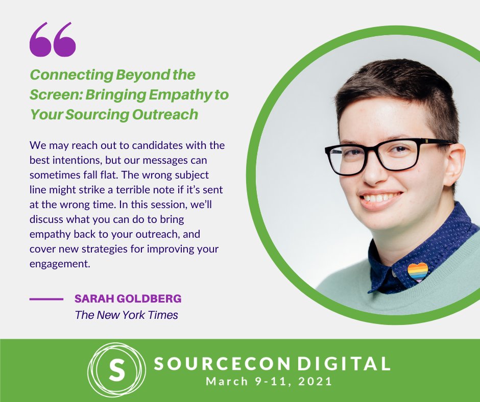 SourceCon's tweet photo. After a year of social distancing, in our opening keynote Sarah Goldberg of The New York Times explores connecting with candidates in more meaningful ways.

Only at SourceCon Digital https://t.co/eR1NoFfd5h

#sourcecondigital #scdigi #scdigital #sourcing #talentacquisition https://t.co/VDoODHG3OZ