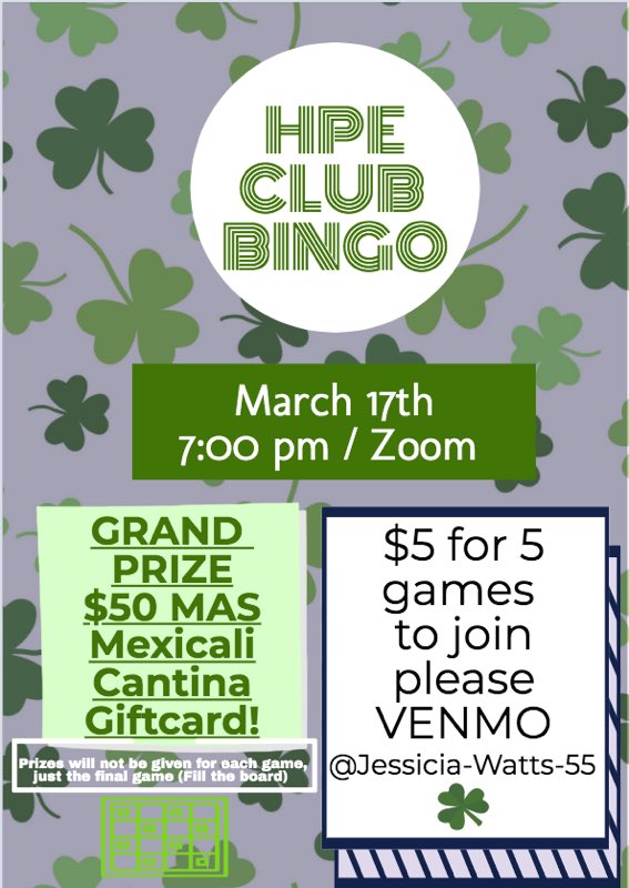 JOIN US FOR BINGO! THERE ARE ONLY 30 SPOTS SO RESERVE YOUR SPOT BY PAYING THE 5 DOLLAR BUY IN!!