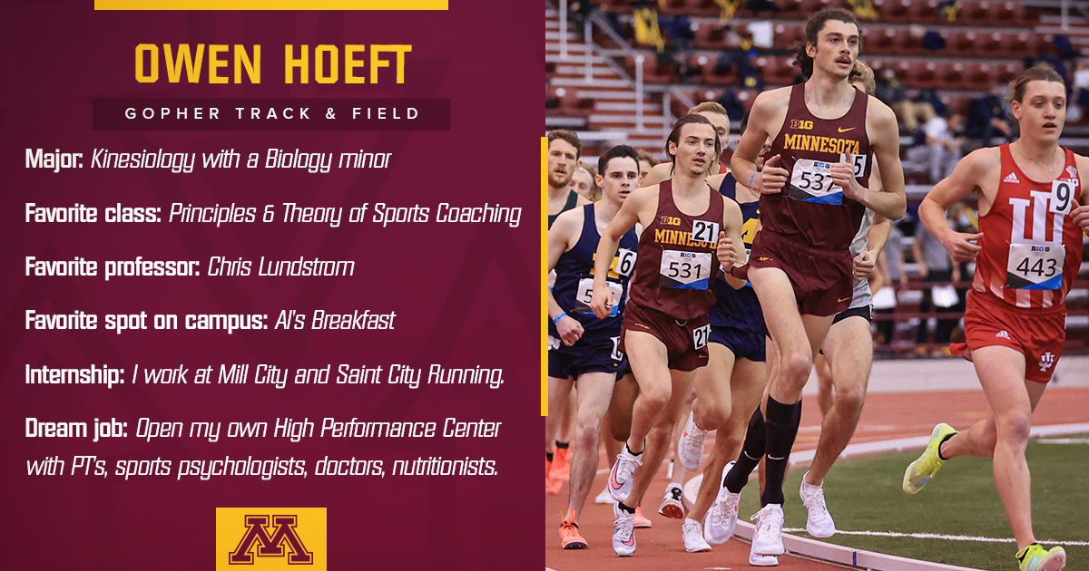 You already know he's the 2021 #B1GTF champion in the mile, now get to know #Gophers senior co-captain and <a href="/UMNKinesiology/">U of MN Kinesiology</a> major <a href="/Hoeft98/">Owen Hoeft</a> in the classroom. 📚⬇️