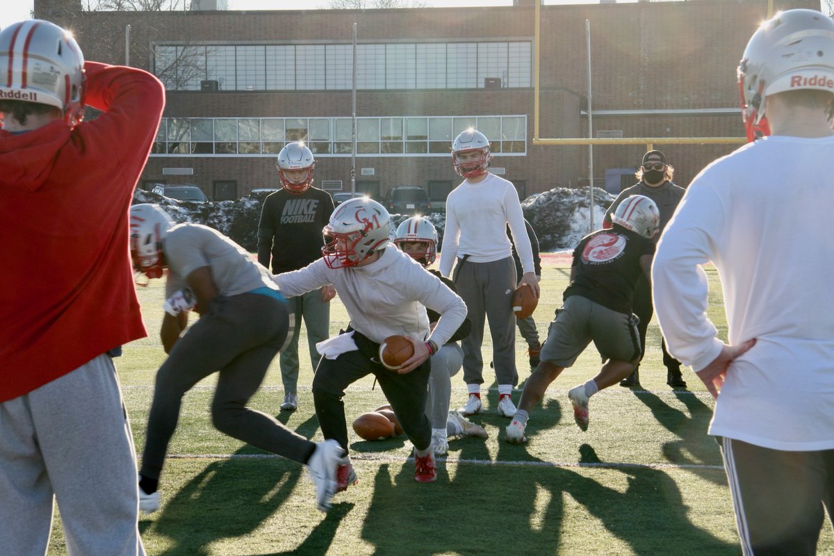CatholicMem's tweet photo. CM quarterbacks taking reps in preparation for the start of the season. First varsity game is Saturday, March 13th versus St. John's HS. Kick off 2:00PM. https://t.co/Ed7MY9bptp