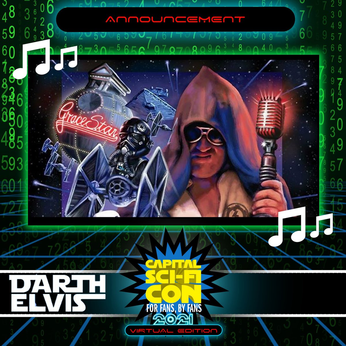 Capitalscificon's tweet photo. *Entertainment Announcement*

Hot Diggity Dang.... It's the one and only Darth Elvis!!!

Yes!!!! We will have Darth Elvis performing a 20 minute music set for Capital Sci fi Con Virtual Edition on Saturday 13th March 2021.

#darthelvis #hotdang #music #live #liveevent #charity https://t.co/yj5G6wSVeH