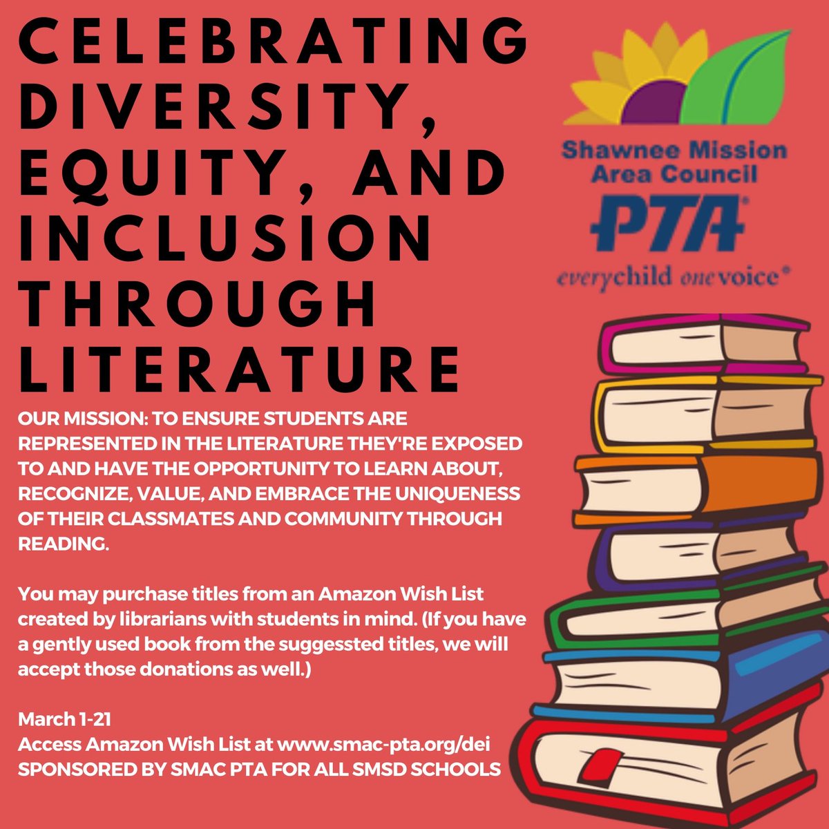 SMAC PTA Hosts Diversity, Equity, and Inclusion Book Drive 
The goal is to help all students see themselves and their families represented in literature. View purchase suggestion list created by Shawnee Mission librarians with students in mind: smac-pta.org/dei <a href="/SMAC_PTA/">SMAC PTA 🌻</a>