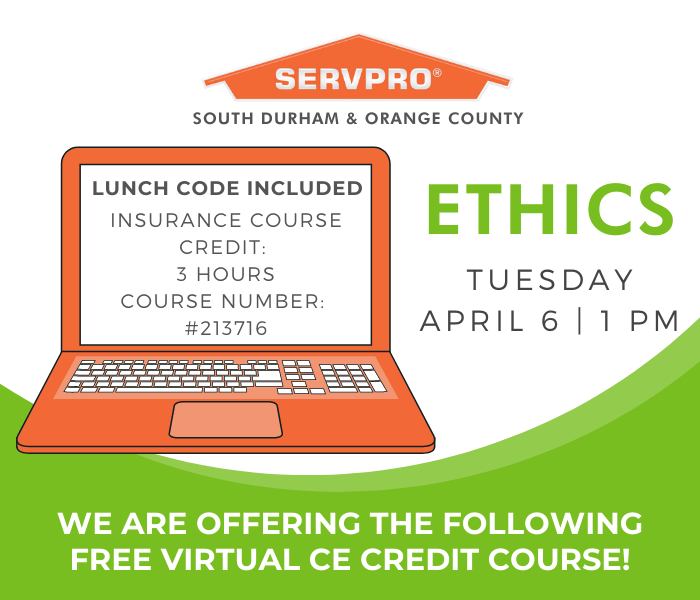 ServproSDOC's tweet photo. We are offering the following FREE Insurance CE credit course: ETHICS! 

April 6th, 2021 at 1:00 pm
Virtual - Via Zoom 😁 Lunch is on us!

Please register by March 26th at: https://t.co/9NJdKjACB4

You may also call (919) 596-1242 OR email contact@servprosouthdurham.com https://t.co/IRUH424YeV