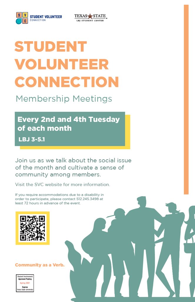 TXST_SVC's tweet image. Hey, everyone! It's been too long since we've seen everyone's lovely (masked) faces, so join us for our first meeting of March as we introduce our social issue for the month: Accessibility and Accommodations. We could all use some warmth, laughter, and community this week!😊