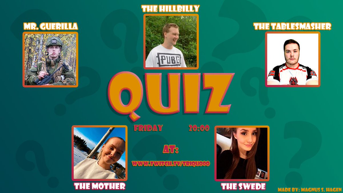 THIS FRIDAY. THE one ,THE only and THE best PUBG QUIZ.
Featuring <a href="/rikkemooor/">Rikkemor</a> , <a href="/glAmund69/">Amund Skrullebakken</a> , <a href="/SnookiPoof_/">SnookiPoof</a> , <a href="/CLAYZ1LLA/">clayzilla</a> and @bendikfjell . It will be difficult and there can only be 1 winner! You can play with us from home🧐 SEE YOU FRIDAY! (Thanks for the thumbnail <a href="/MagnusSHag1/">Magnus Storvold Hagen</a> !)