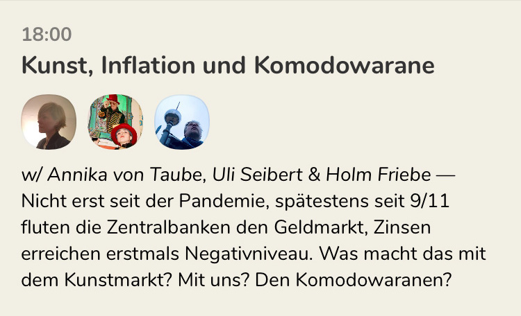 Wie der Kunstmarkt auf aktuelle Finanzphänomene wie Negativzinsen reagiert und wer jetzt wo welche Kunst kauft, darum geht es jetzt gleich um 18 Uhr hier auf CH: joinclubhouse.com/event/P9Qlw7dP
#kunstmarkt #weltwirtschaftskunst #kunstinvestment