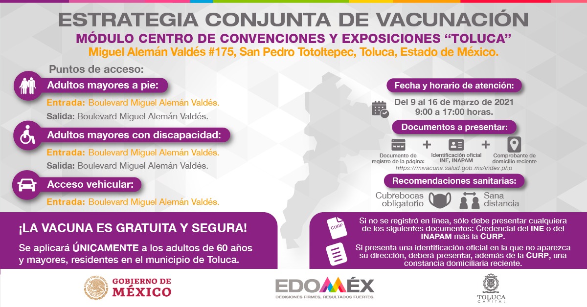 MecheColinG's tweet photo. La Estrategia de Vacunación contra #Covid_19mx, ha iniciado en #Toluca y se realizará del 09 al 16 de marzo en un horario de 09:00 a 17:00 horas en4️⃣ sedes ubicadas en el municipio.
No olviden llevar su registro e identificación oficial👴👵👴🏾🧓🏻, mantén las medidas preventivas. https://t.co/dW4ePVgeyb