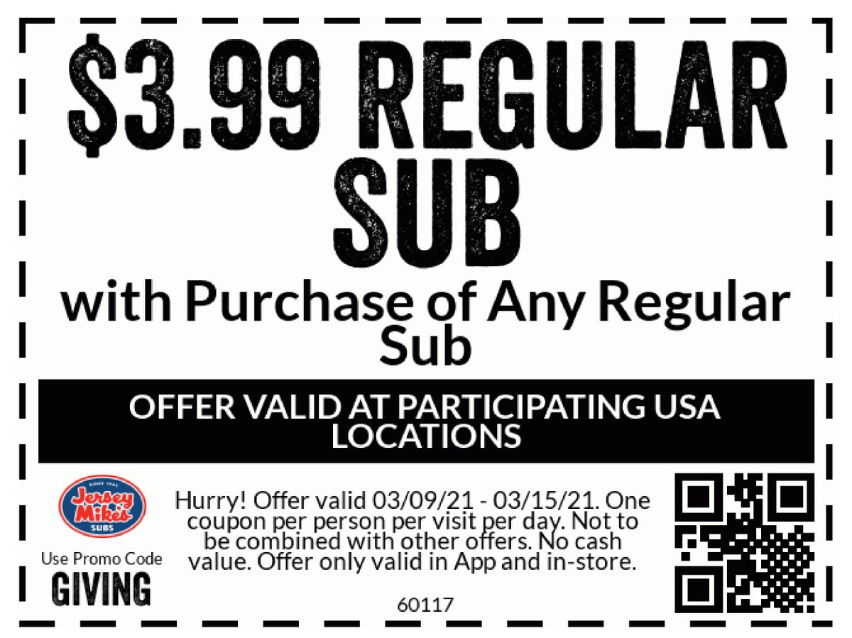JAHeartland's tweet photo. Get in the spirit of giving with Jersey Mike's Subs as they support Junior Achievement. Buy any regular sub and receive a second regular sub for $3.99. Use promo code GIVING to redeem through the Jersey Mike’s app. Offer valid 3/9-3/15. https://t.co/eSrq2fCy9I #JerseyMikesGives https://t.co/XDSKNfQ61a