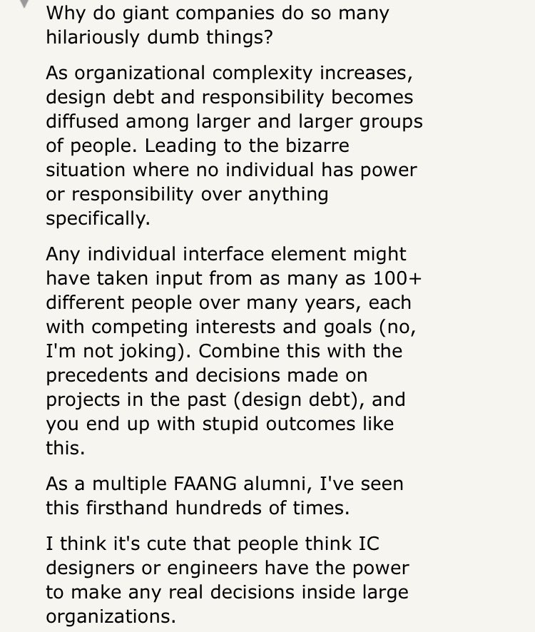 vboykis's tweet image. This is it. Wonderful comment on how big orgs work. news.ycombinator.com/item?id=263981…