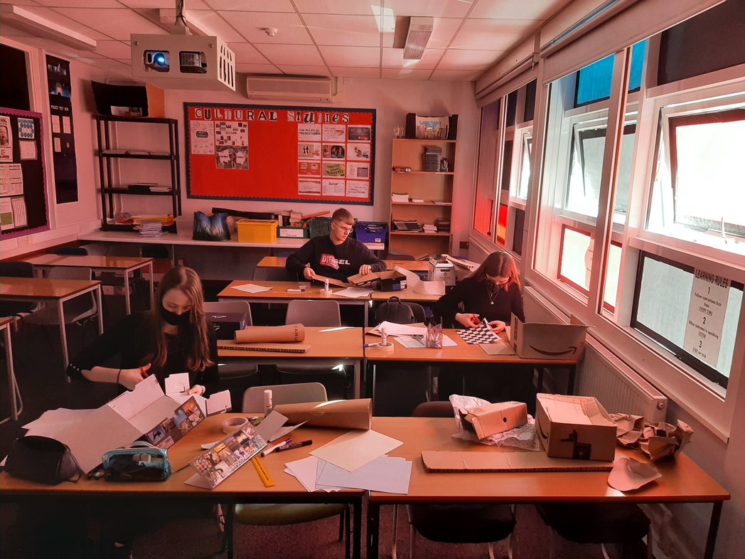 DramaTheale's tweet photo. We're back! Year 13 making model boxes for Accidental Death of an Anarchist! @ActivateAlet @ThealeGreen https://t.co/GkYgjmnjlo