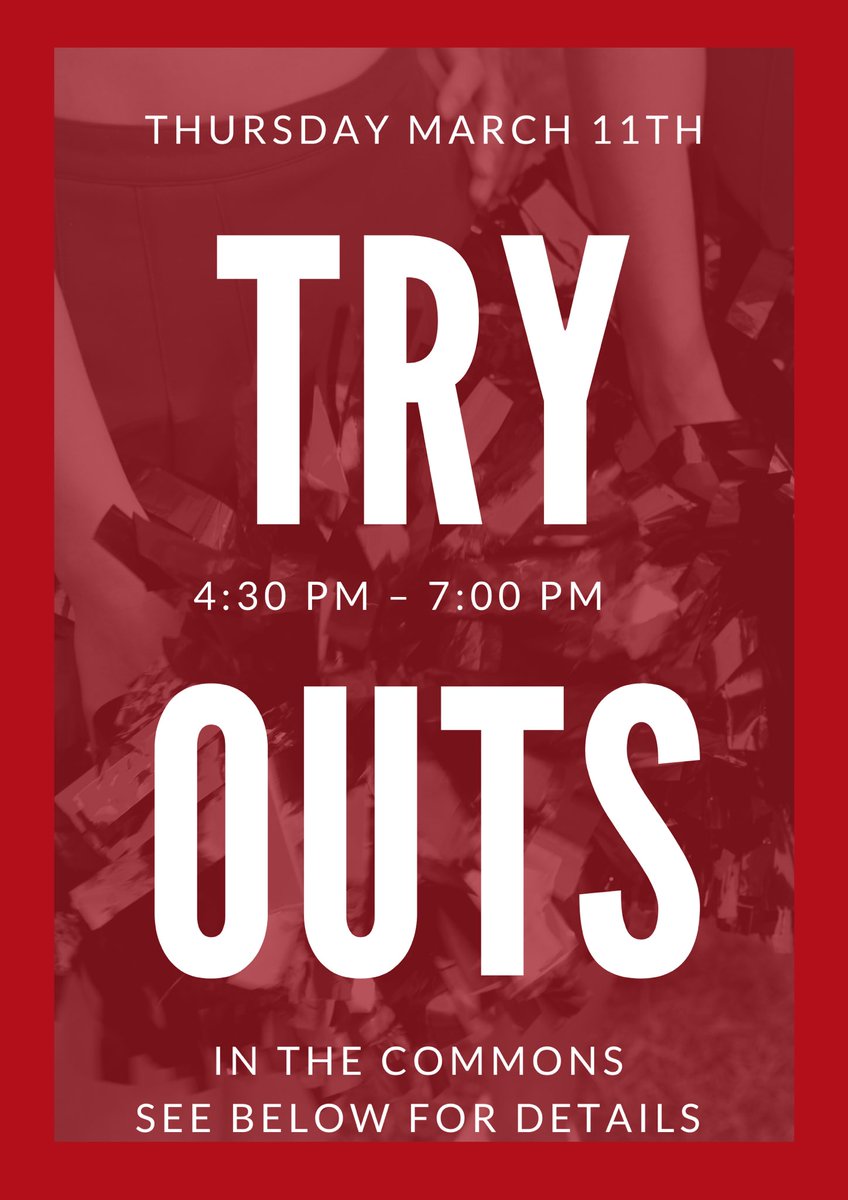 Calling all cheerleaders! Tryouts will be this Thursday March 11th in the commons from 430-7. We will learn a few cheers and then have tryouts the same day. Be sure to have registered in power school and consented to saliva samples before coming to clinics/tryouts.