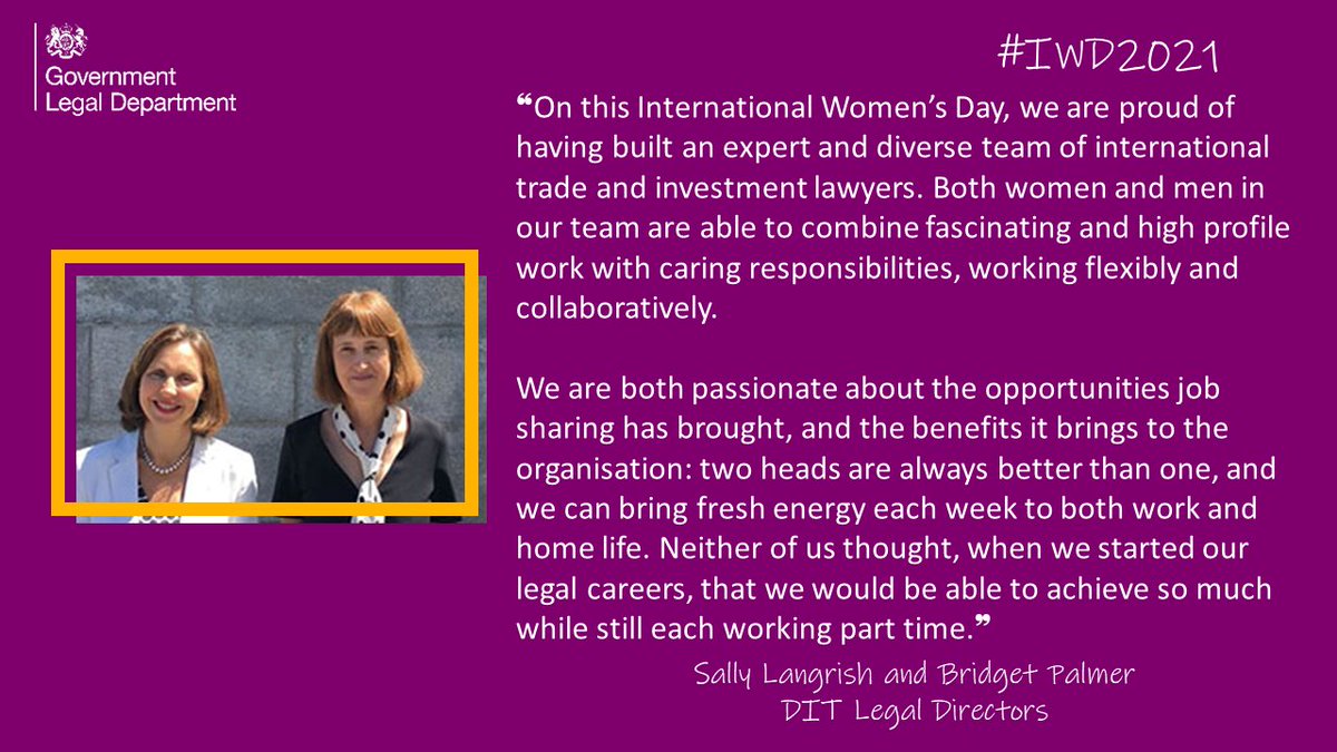 As part of International Women’s Day, Sally Langrish and Bridget Palmer, DIT Legal Directors, discuss the flexible working opportunities provided by GLD and the benefits that job sharing brings. #ChooseToChallenge #IWD2021